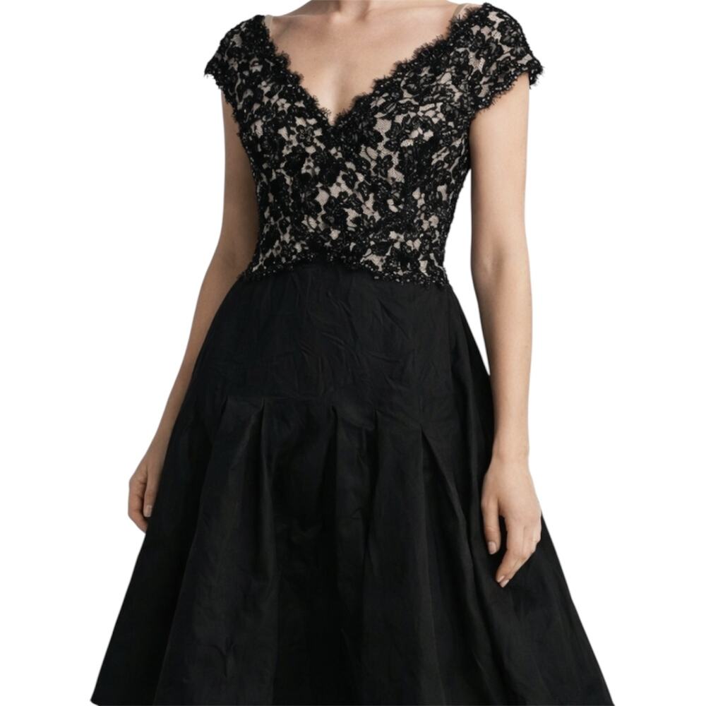 Tadashi Shoji Collection Dress Drop Waist Knee Length Lace Pleated Black 10